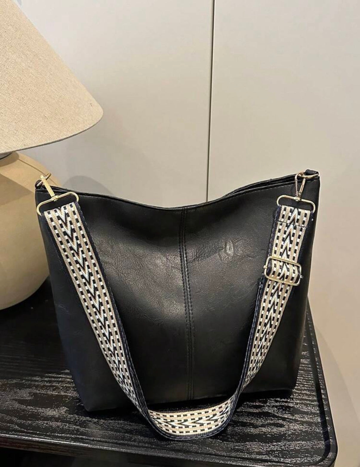 Black Boho Strap Slouch Tote Bag Set