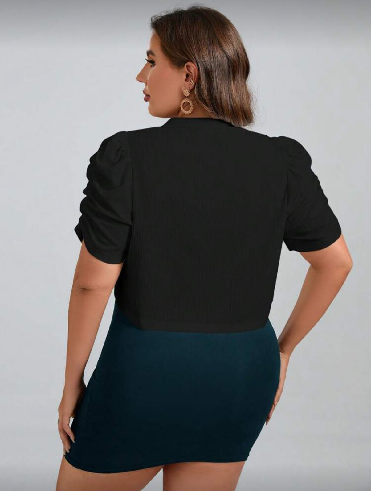 Plus Size Solid Color Short Cropped Jacket With Pleated & Puff Sleeves