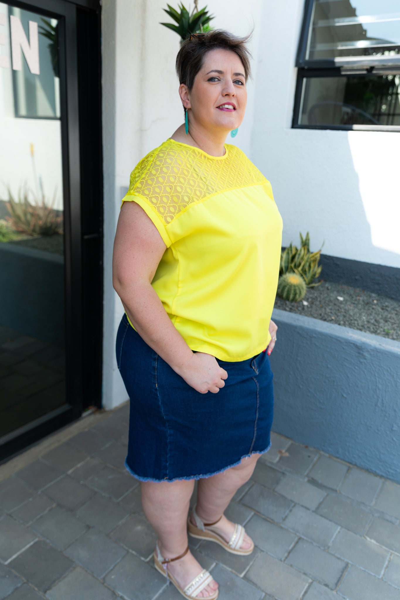 Bright Yellow Lace Detail Curve Top