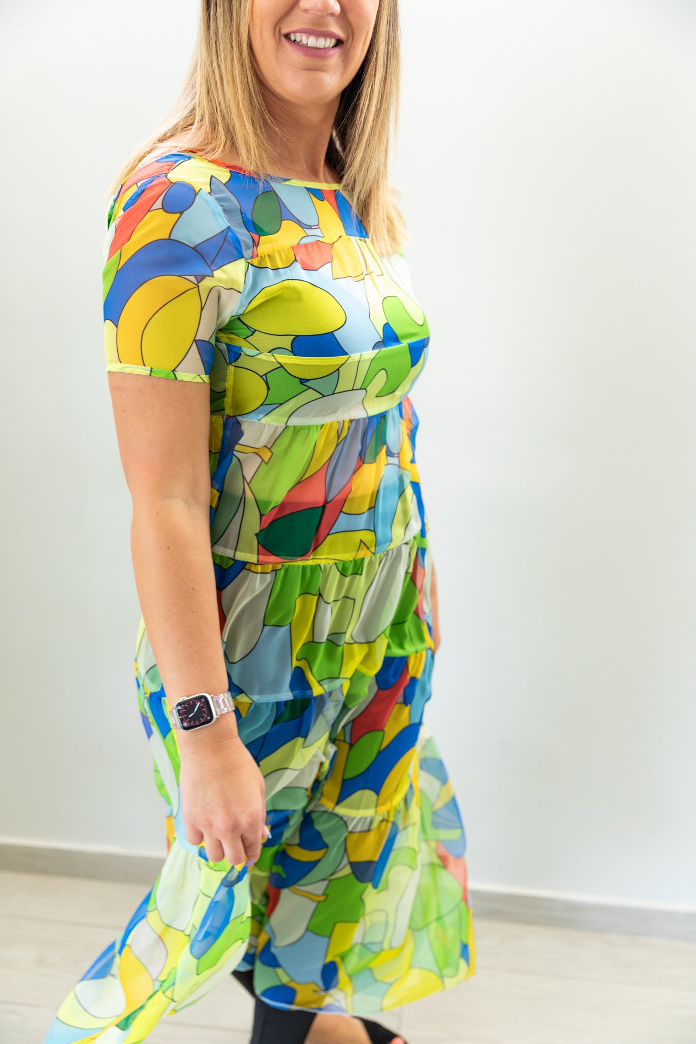 Sheer Women's All-Over Allover Print Round Neck Ruffle Hem Short Sleeve Dress, Summer