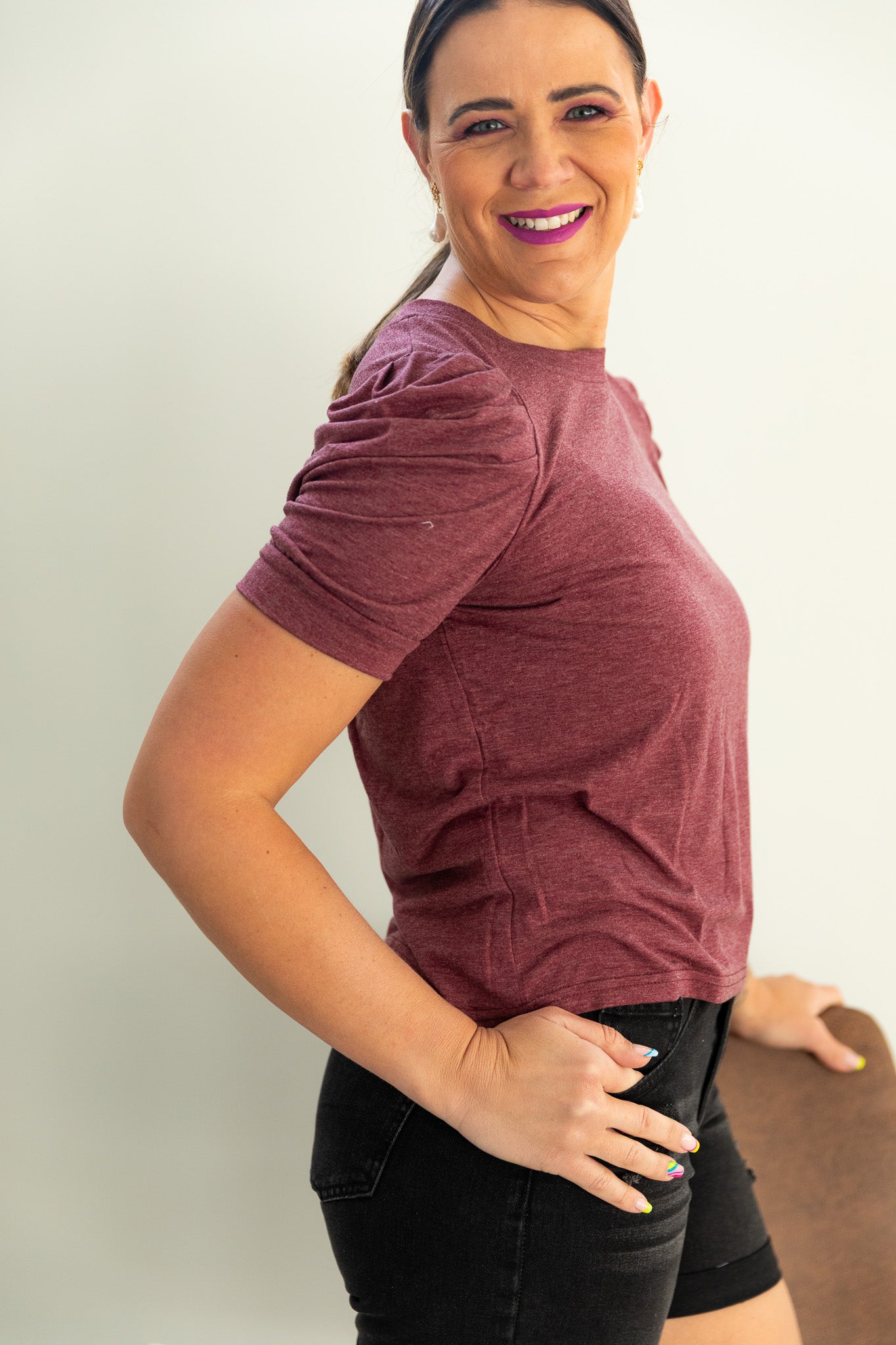 Maroon Puff Sleeve Tee