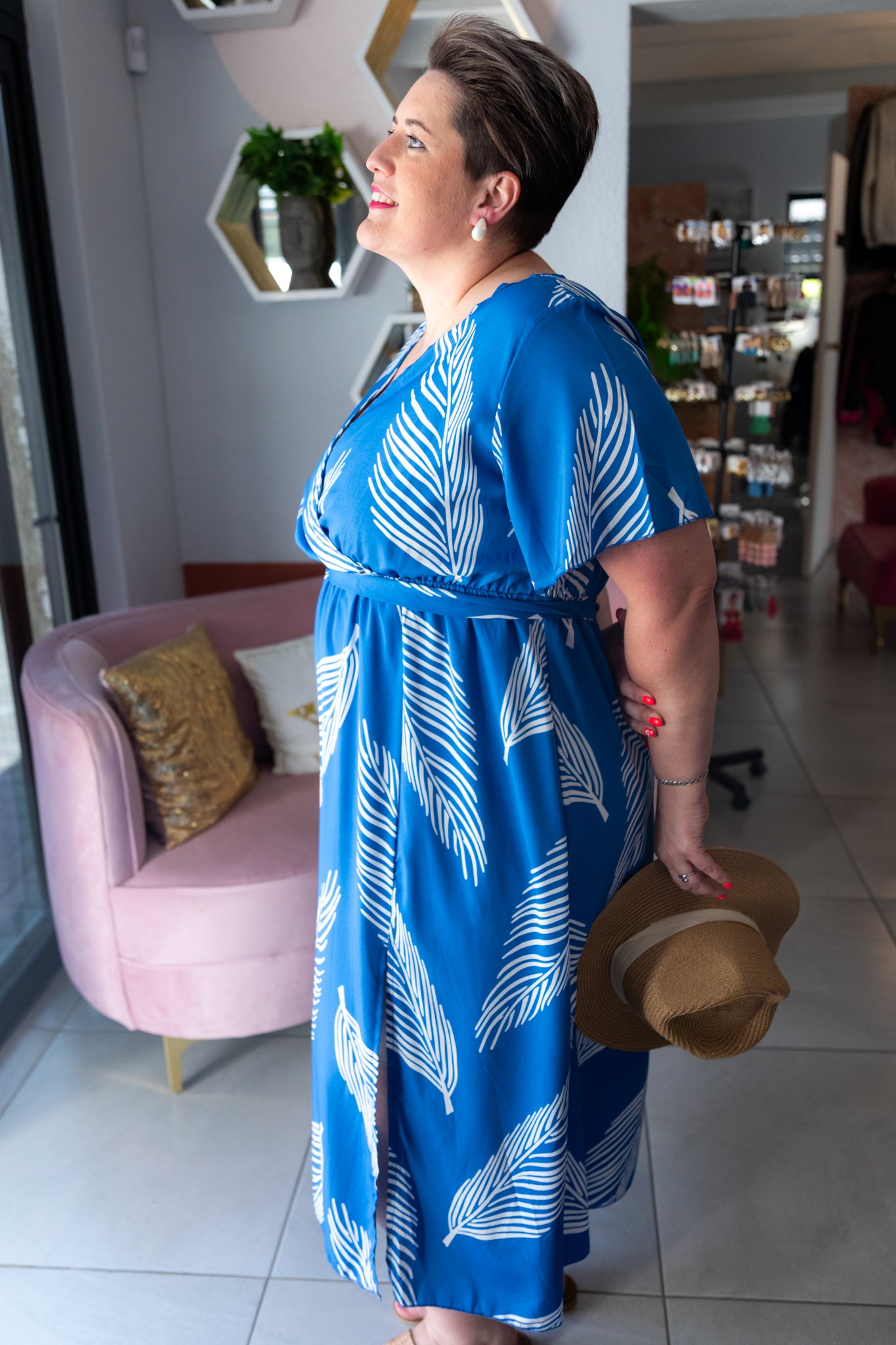 SHEIN LUNE Plus Leaf Print Butterfly Sleeve Split Thigh Belted Dress Maxi Women Dress