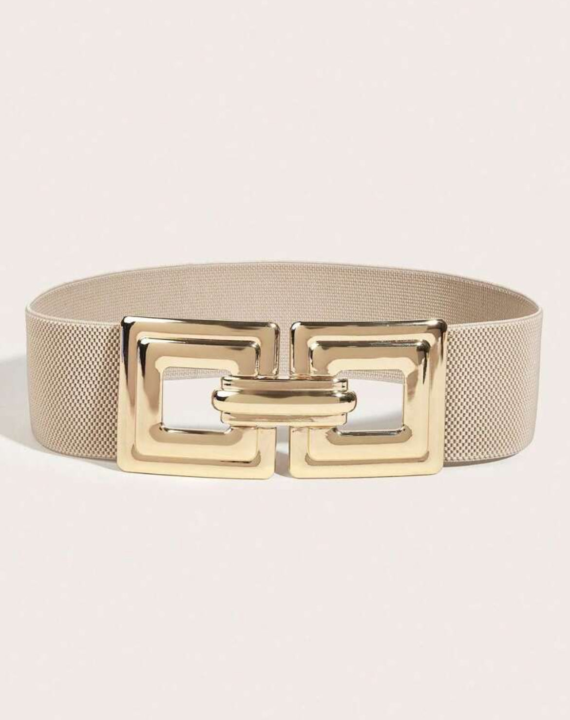 Beige and Gold Square Buckle Elastic Waist Belt For All Season