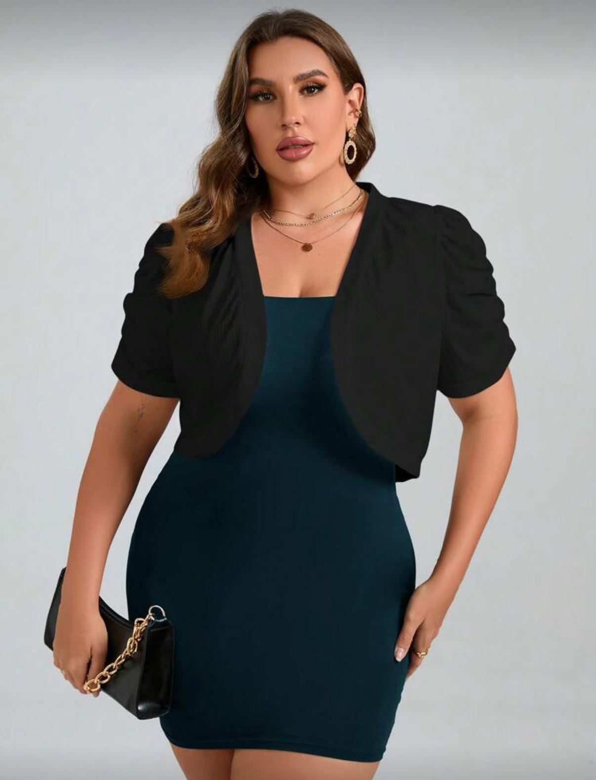 Plus Size Solid Color Short Cropped Jacket With Pleated & Puff Sleeves