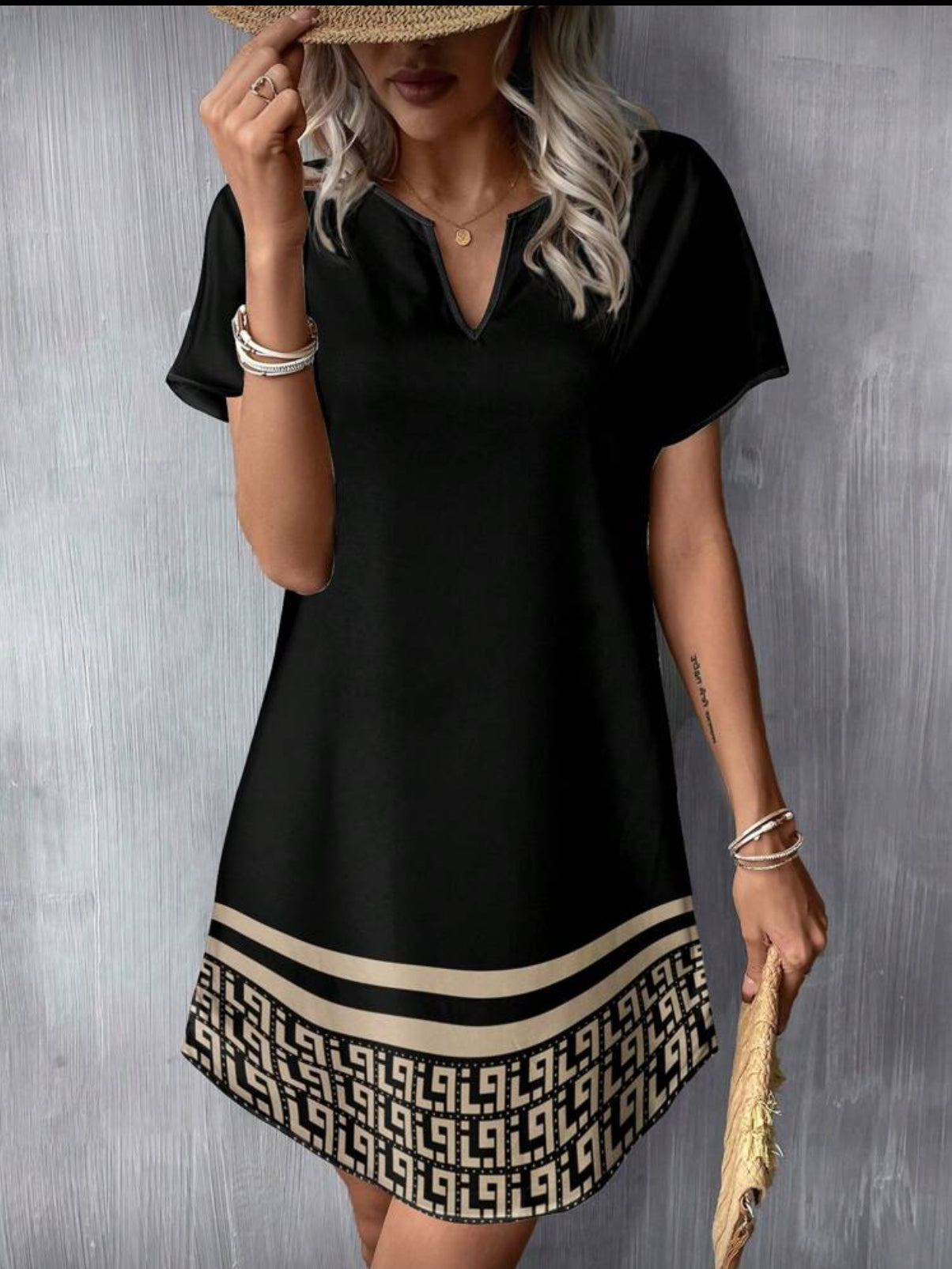 Sleeved Black Dress with Beige Pattern Detail