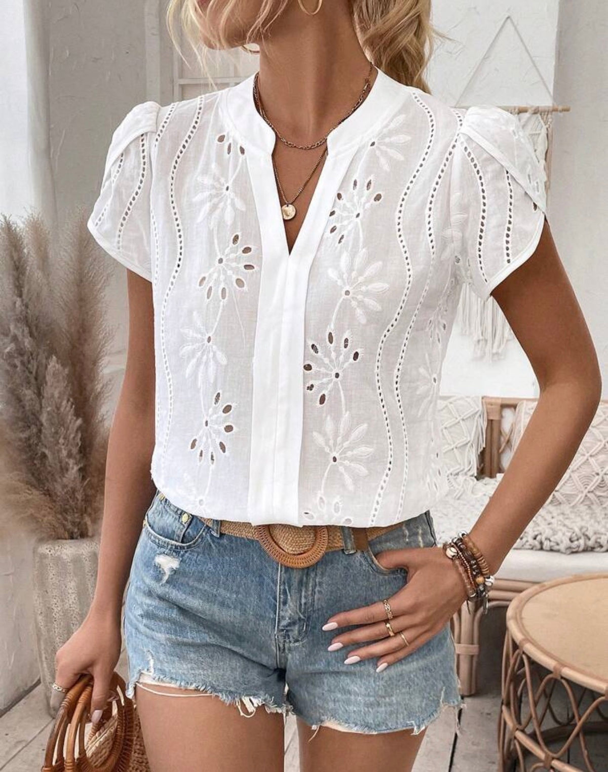 Cotton White Floral Broderie Anglaise Puff Sleeve Blouse