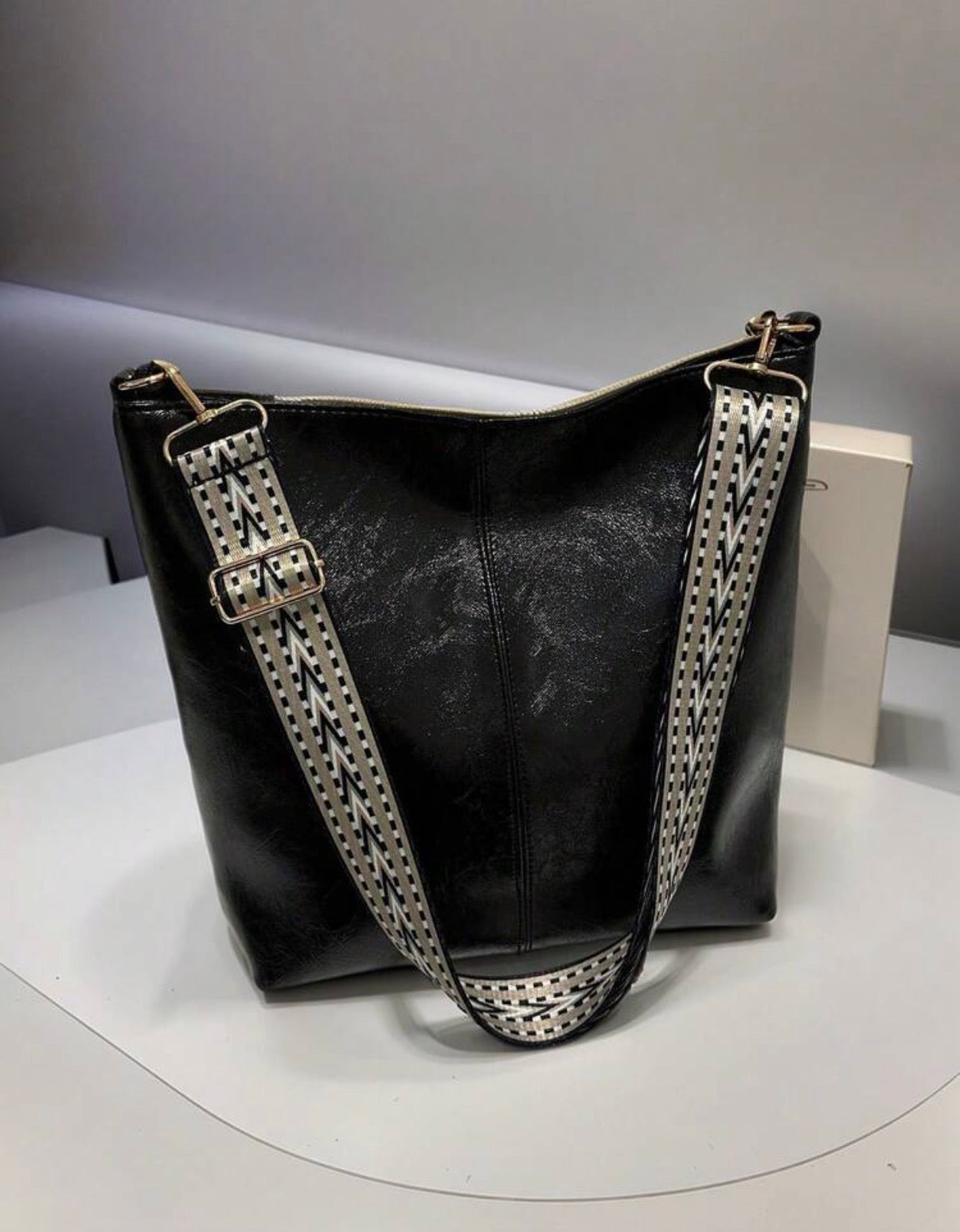 Black Boho Strap Slouch Tote Bag Set