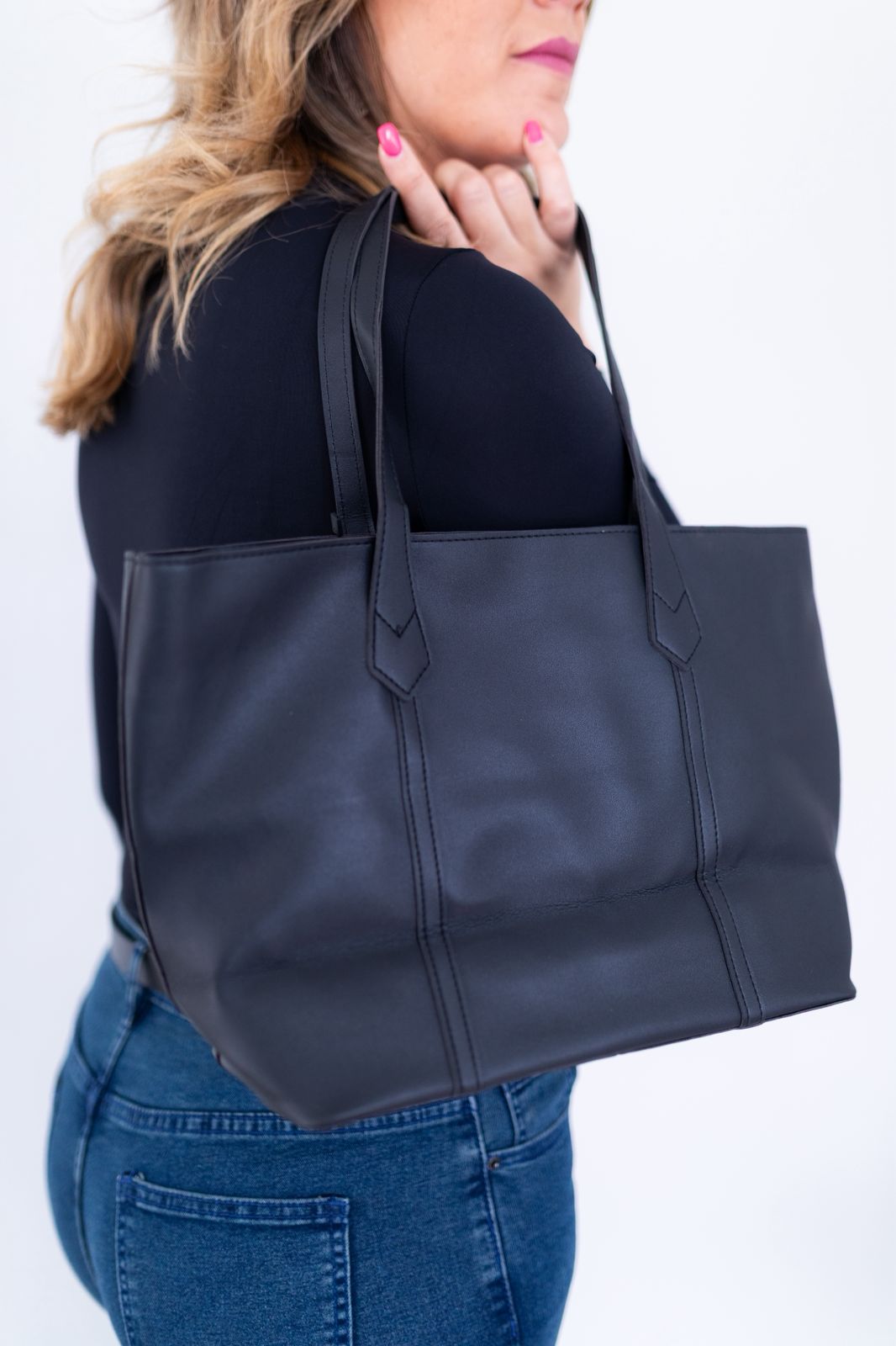 Black Structured PU Leather Office Tote