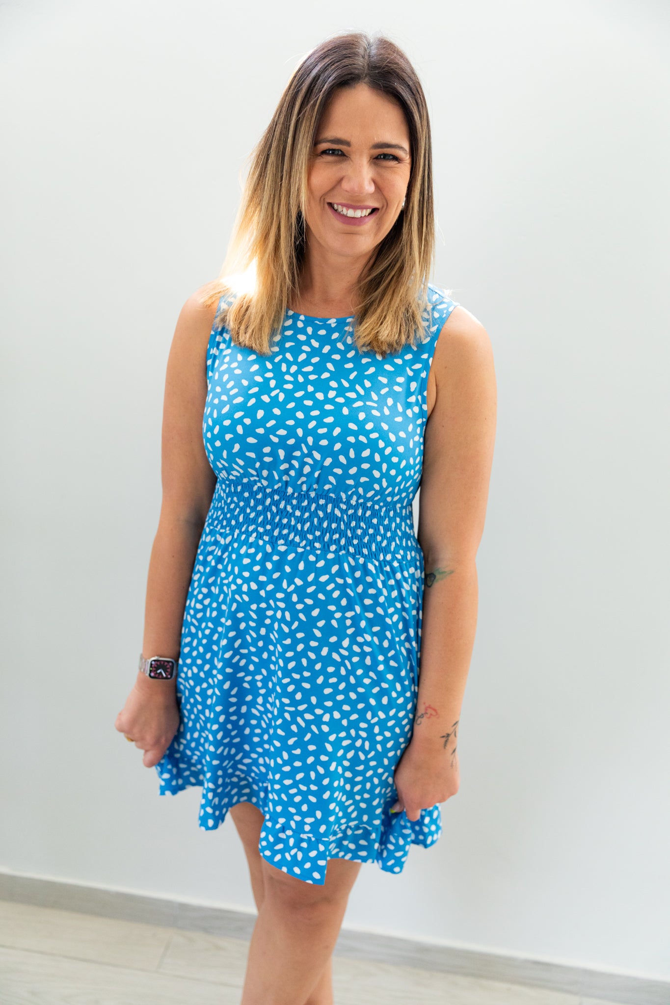 Blue Smocked Waist Sleeveless Mini Dress