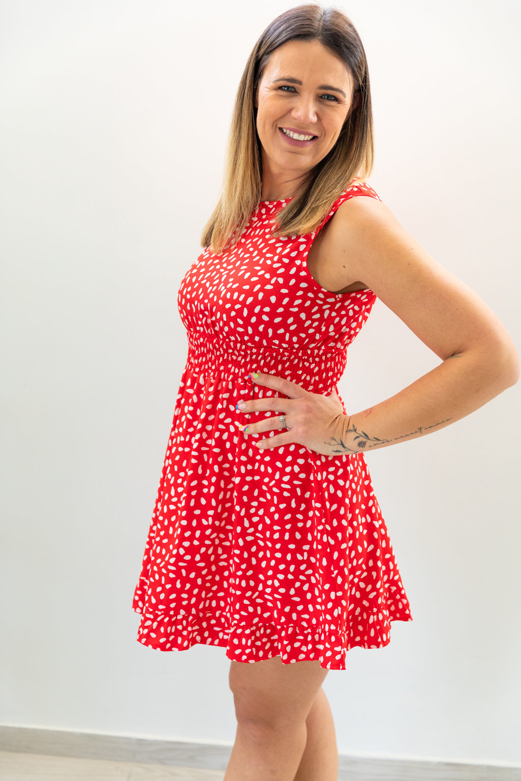 Red Smocked Waist Sleeveless Mini Dress