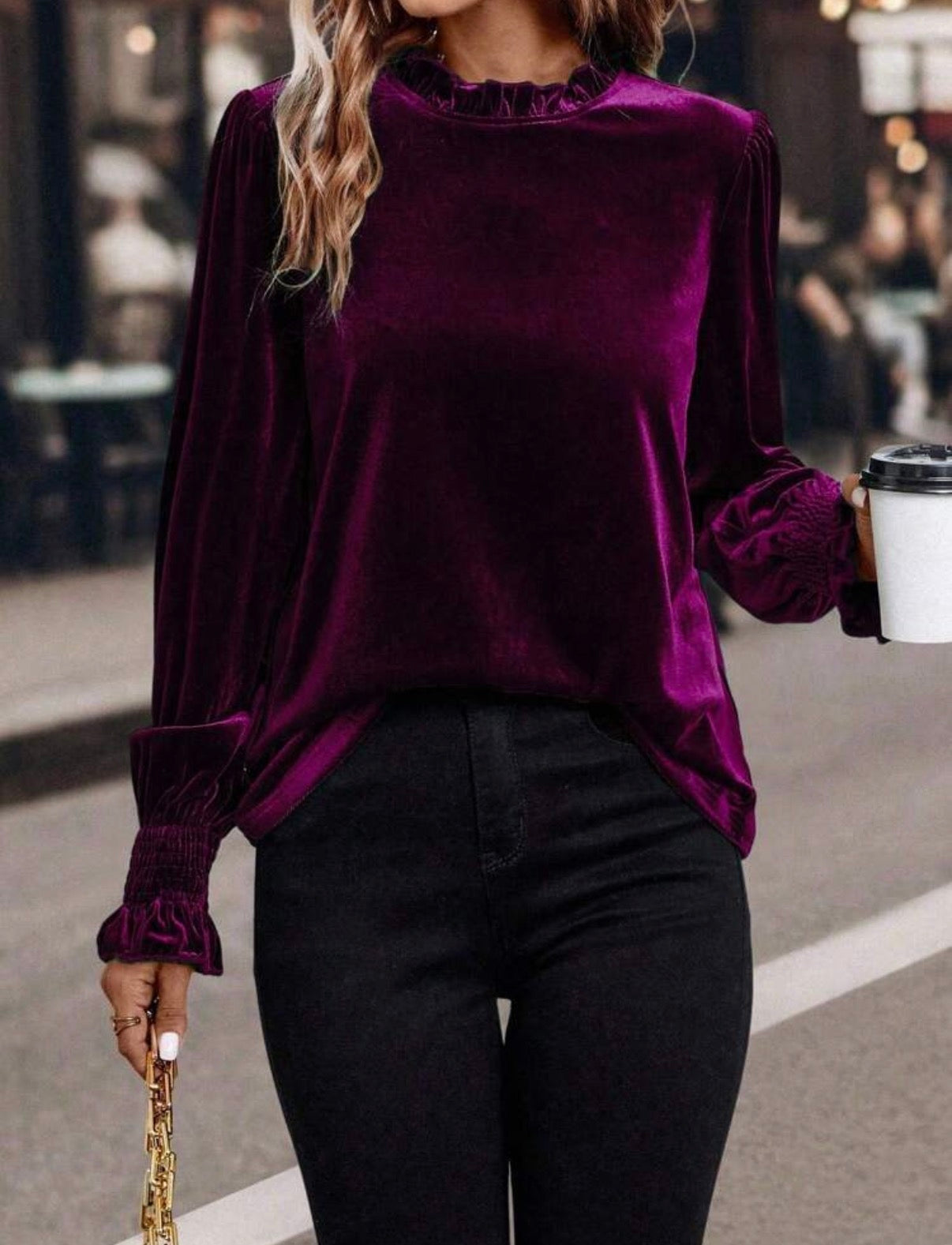 Red Violet Frill Neck Velvet Blouse