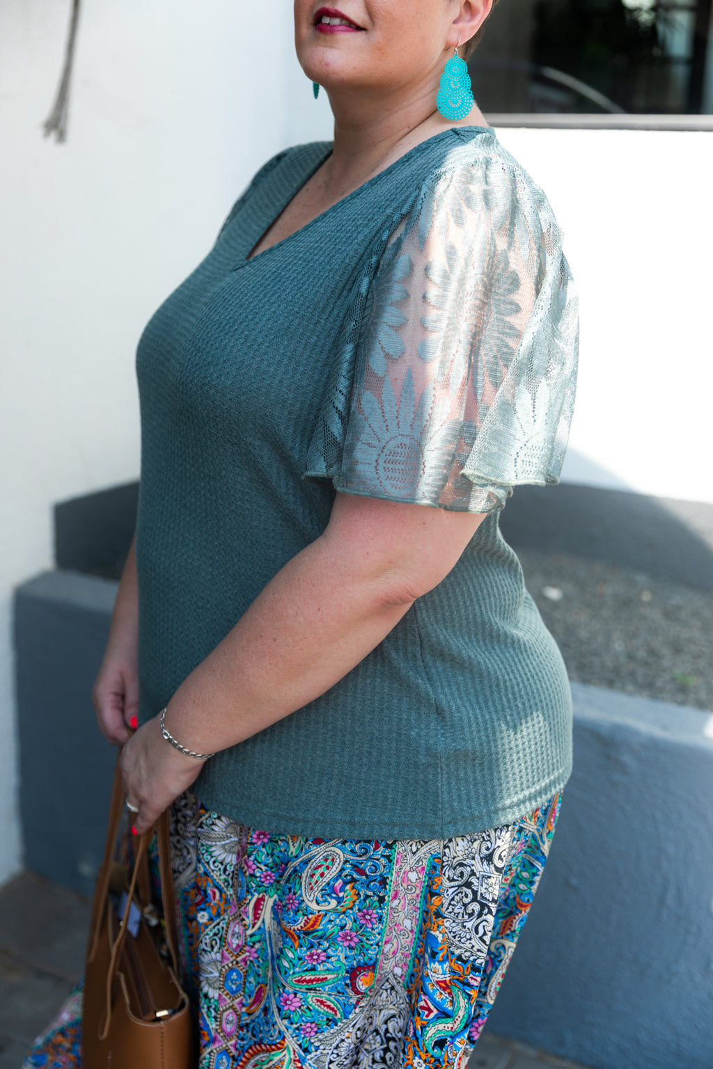 Curve Waffle Knit Ruffle Sleeve Top – Dark Green