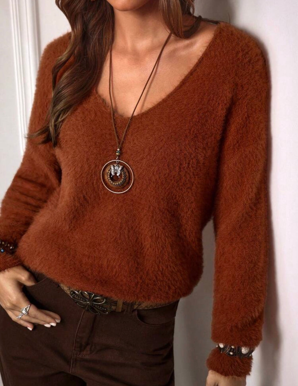 Burnt Orange Soft Knit V-Neck Pullover