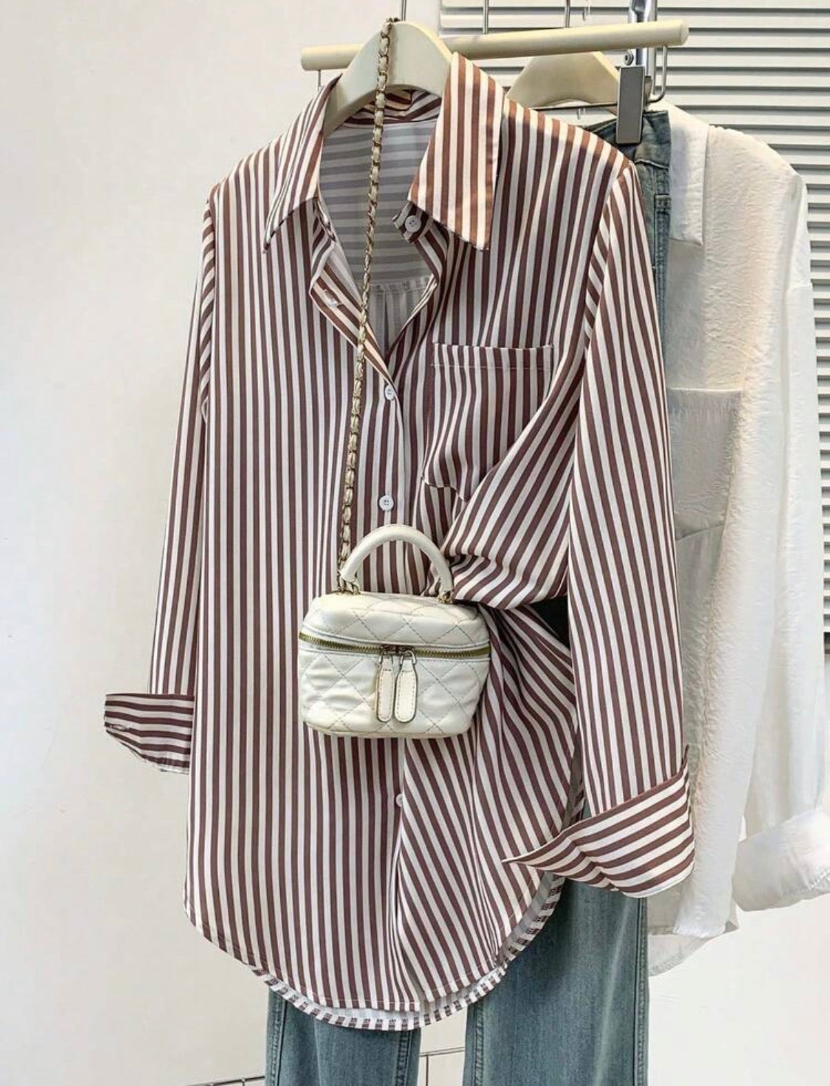 CURVE Brown and White Stripped Blouse