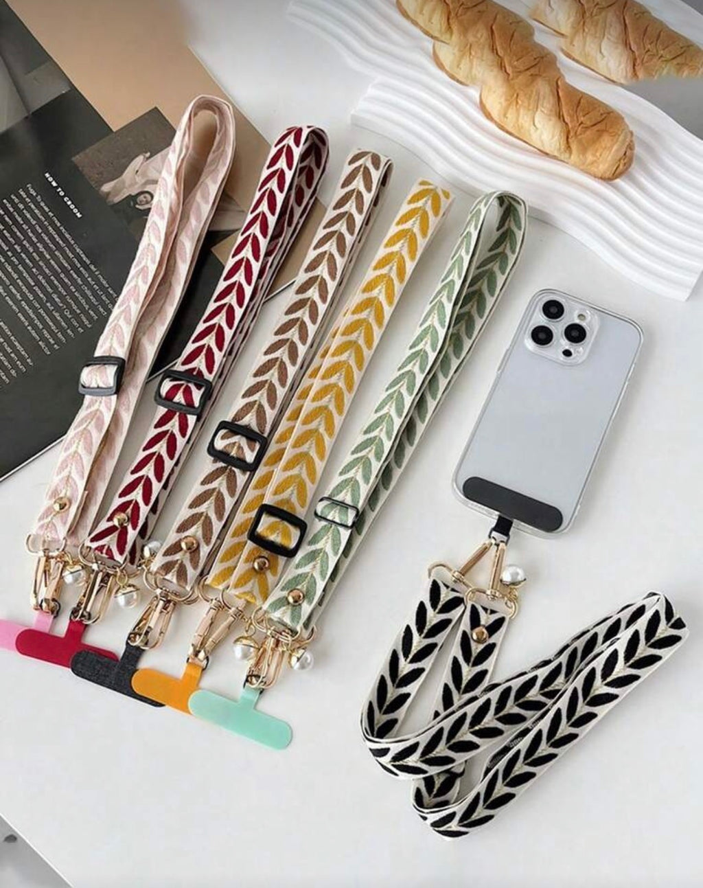 Adjustable Long Crossbody Phone Lanyard Strap With Wide Fabric Faux Pearl Pendant