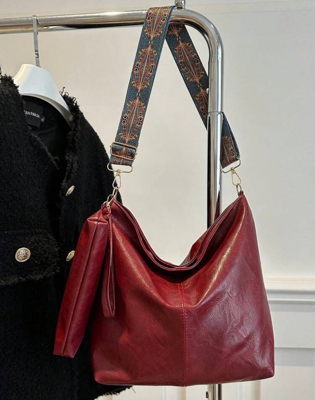 Burgundy Boho Strap Slouch Tote Bag Set