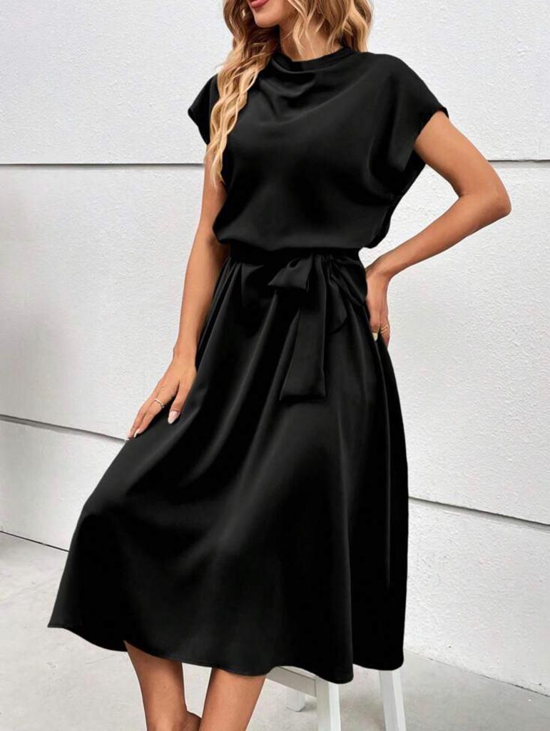 Black Solid Batwing Sleeve Belted Dress (S9) (M7) (L7) (XL6) – Shopping ...