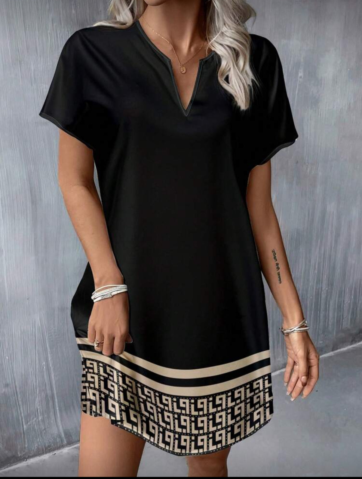 Sleeved Black Dress with Beige Pattern Detail