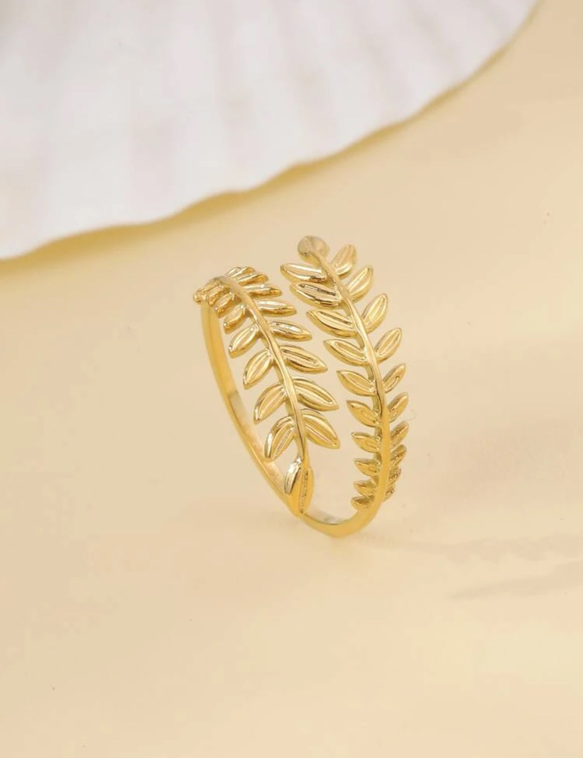 Yellow Gold Leaf Design Cuff Ring - Adjustable sizing