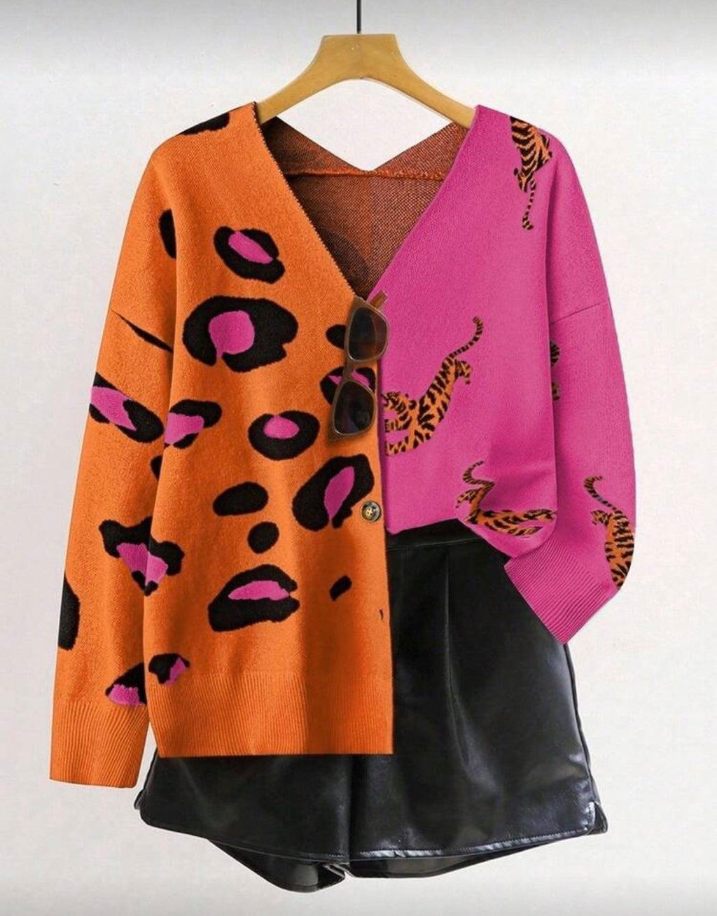 CURVE Pink and Orange Leopard Colour Block Knit Cardigan