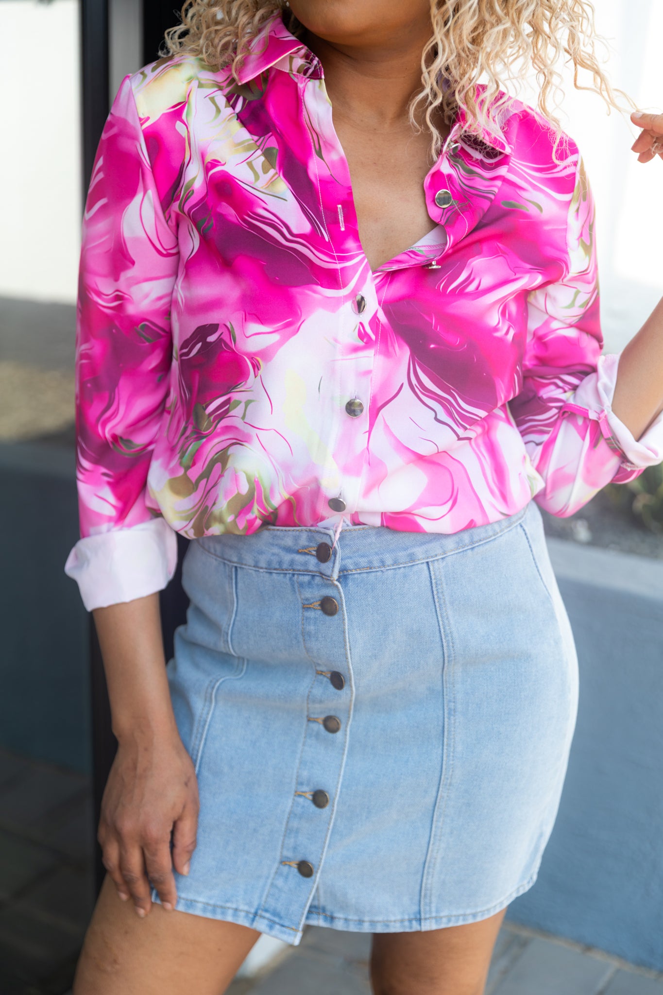 High-Waisted Button-Front Mini Skirt – Blue Denim