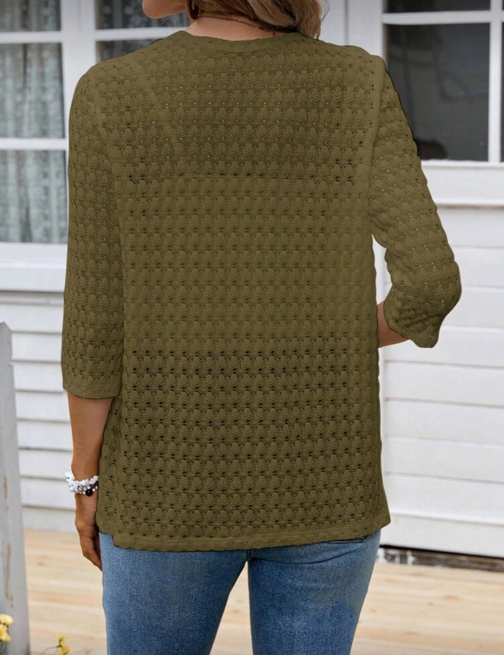 Brown Green Knitted 3/4 sleeve Cardigan