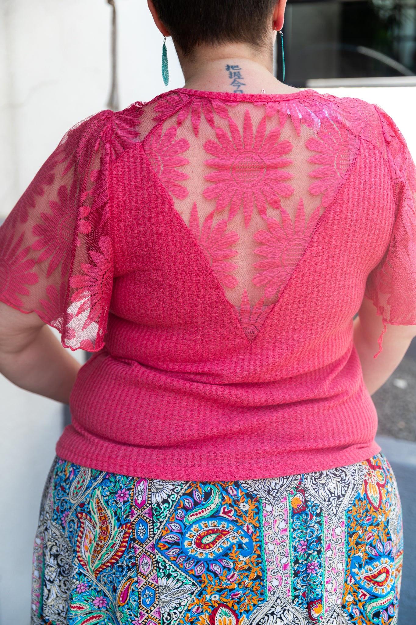 Curve Waffle Knit Ruffle Sleeve Top – Pink