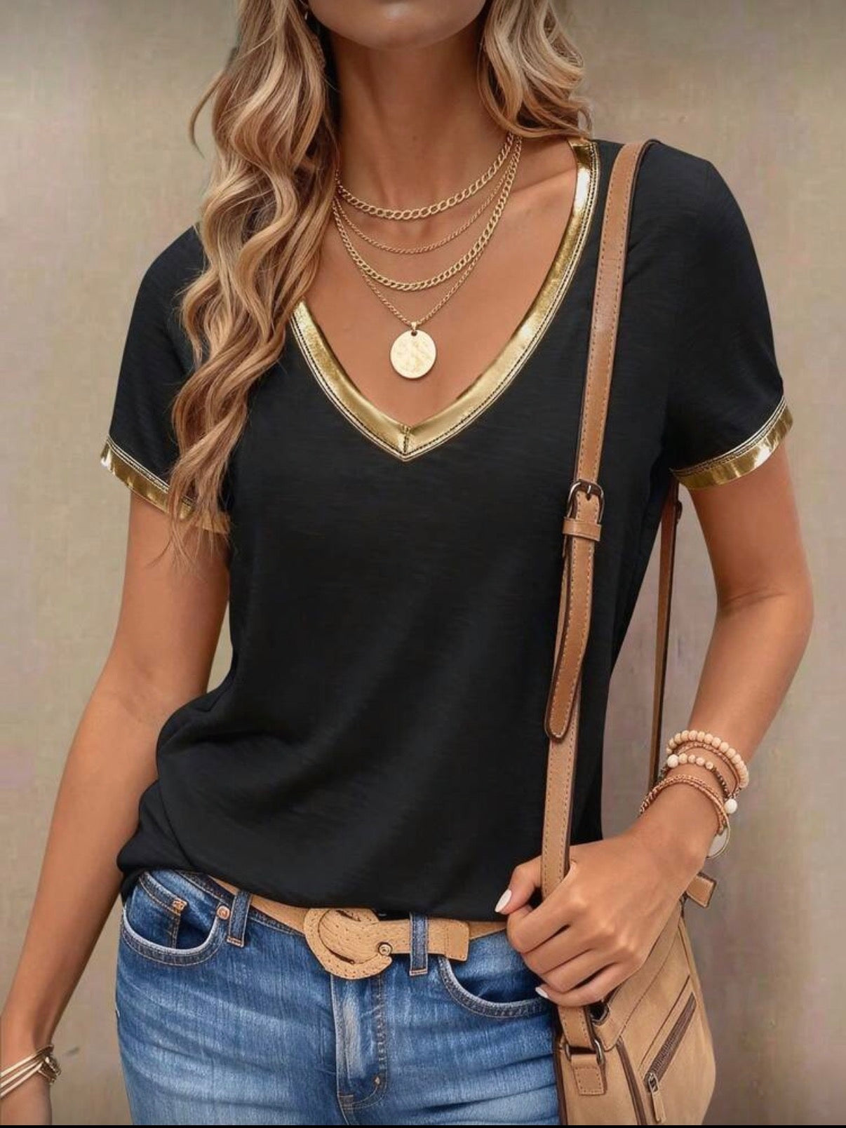 Black V Neck Tshirt with Gold Trim
