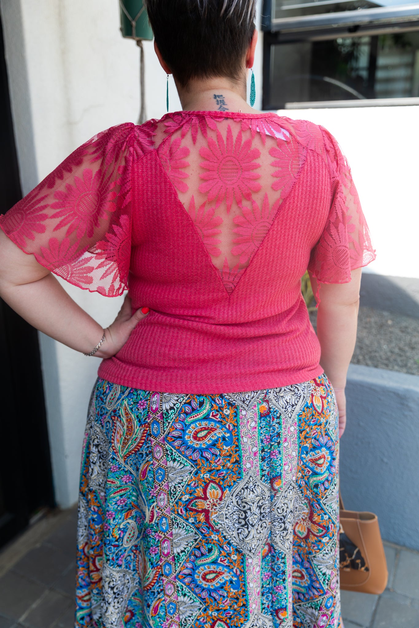 Curve Waffle Knit Ruffle Sleeve Top – Pink