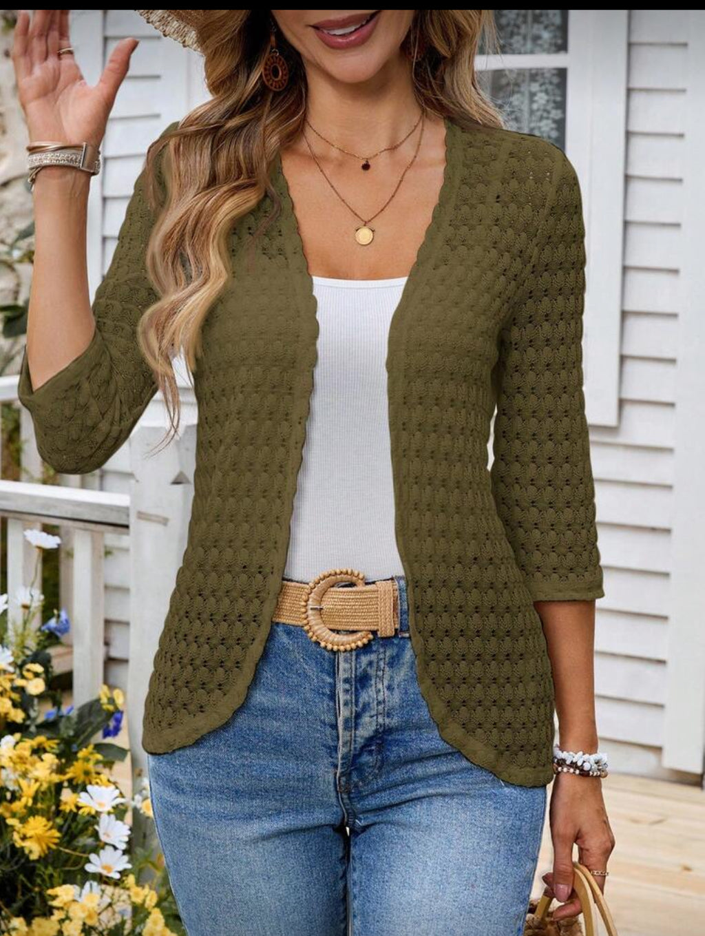 Brown Green Knitted 3/4 sleeve Cardigan