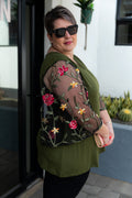 Curve V-Neck Floral Lace Sleeve Top – Olive Green