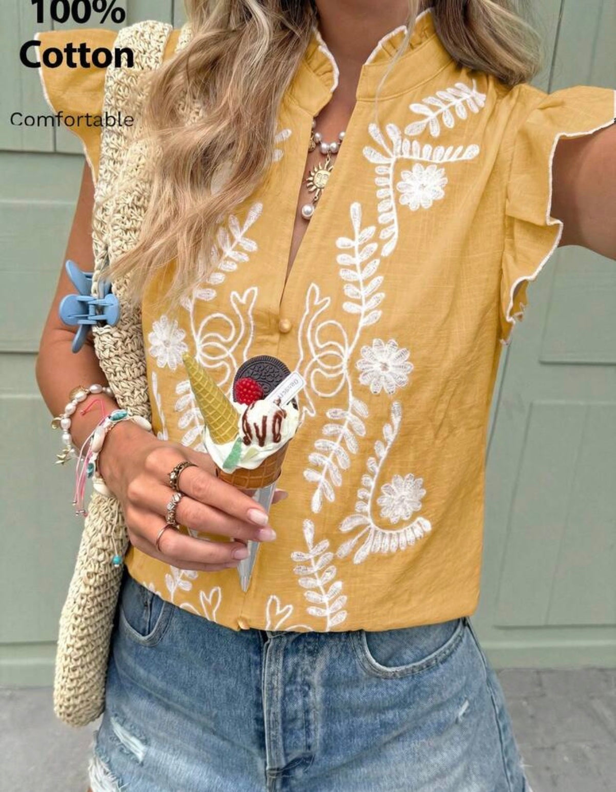 Sunshine Yellow 100% Cotton Floral Embroidered Ruffle Sleeve Blouse
