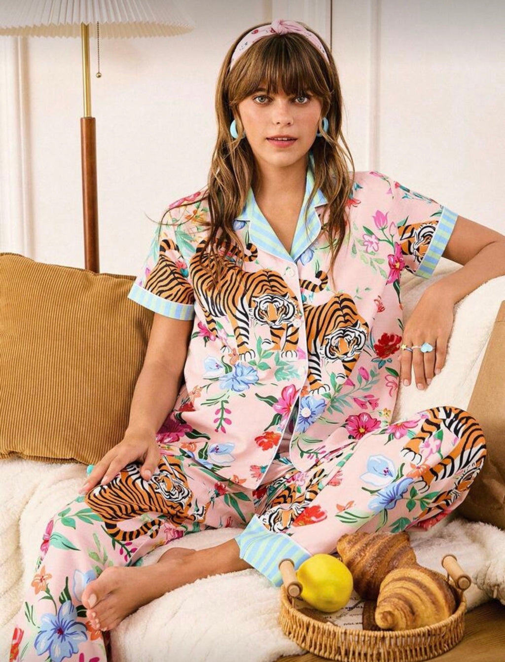Tiger and Floral Pajama Set with Long Pants