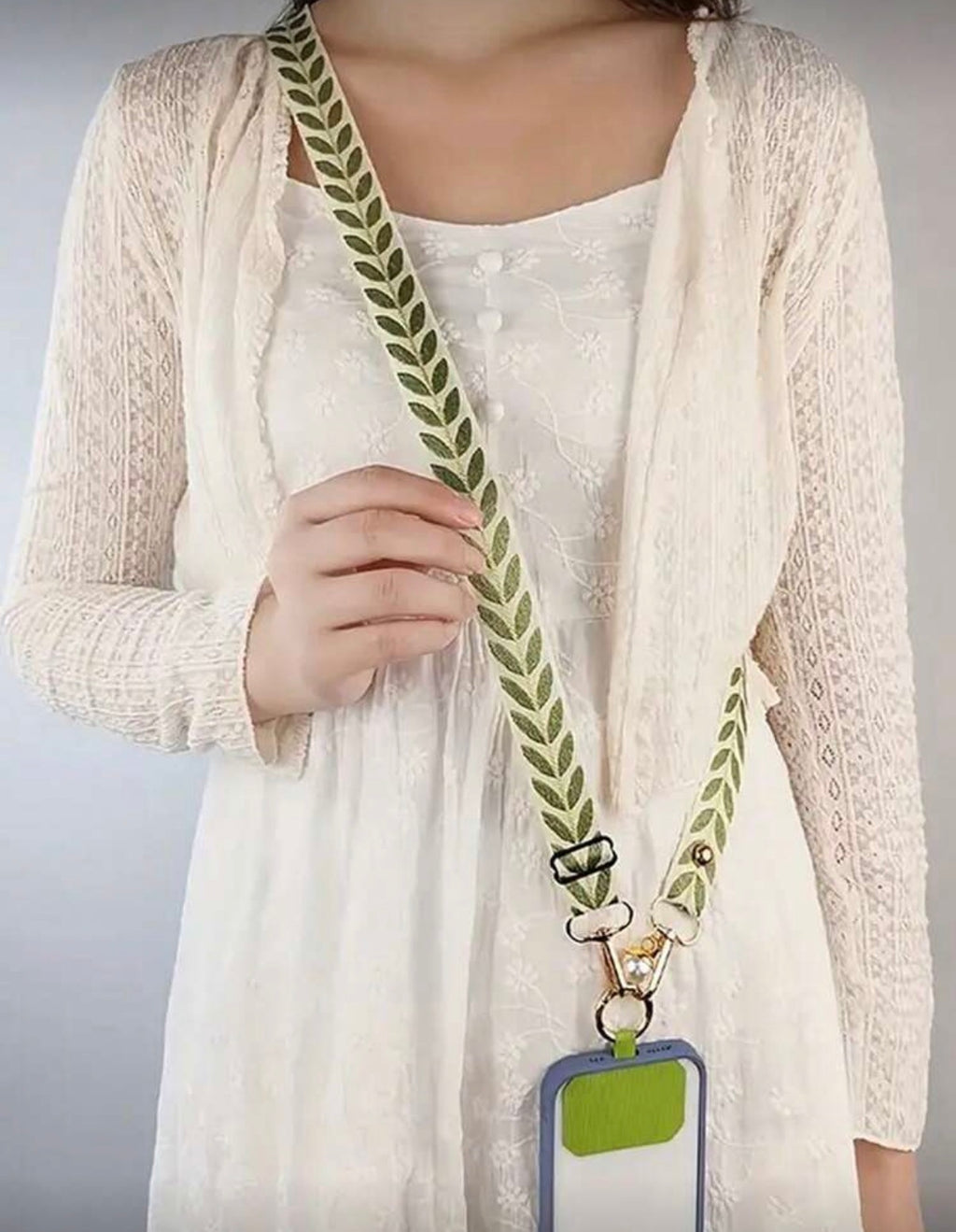 Adjustable Long Crossbody Phone Lanyard Strap With Wide Fabric Faux Pearl Pendant