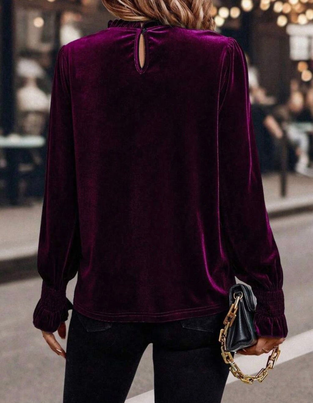 Red Violet Frill Neck Velvet Blouse
