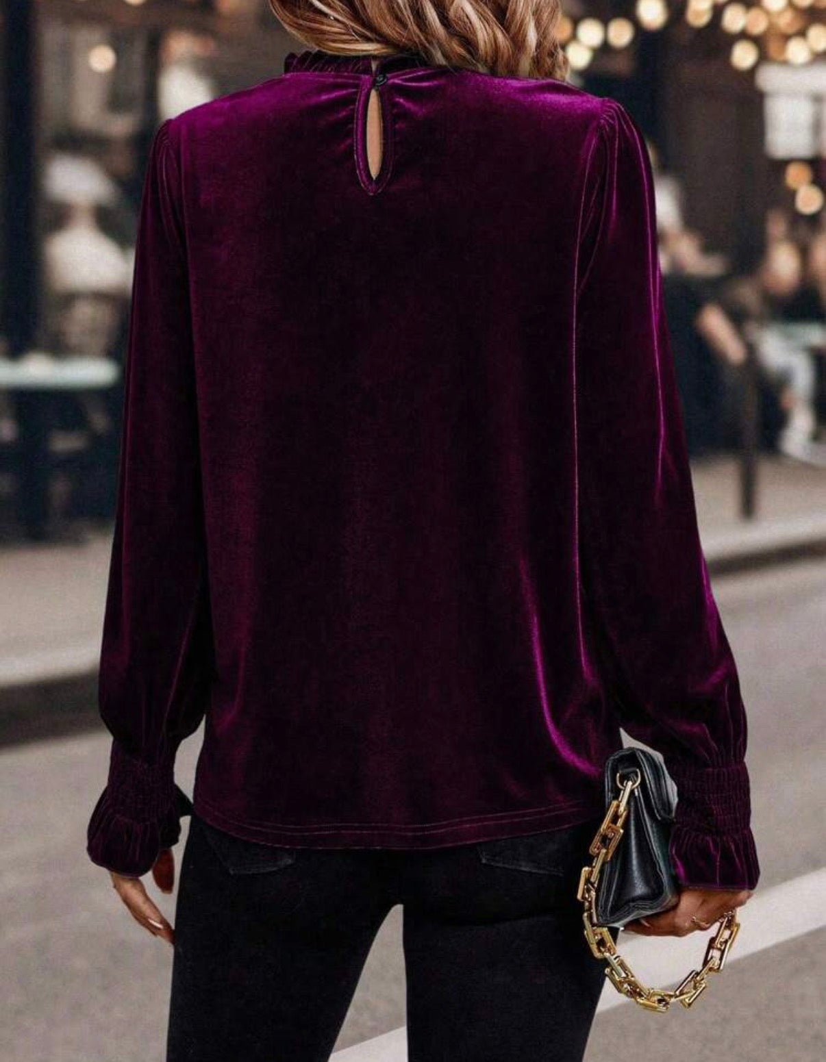 Red Violet Frill Neck Velvet Blouse