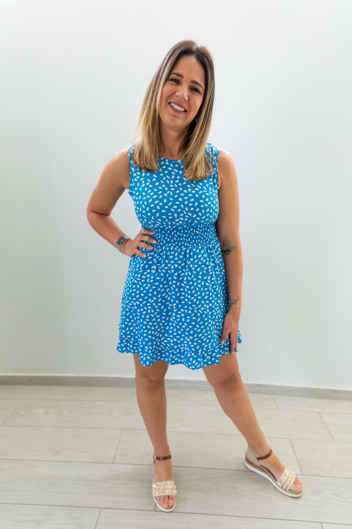 Blue Smocked Waist Sleeveless Mini Dress