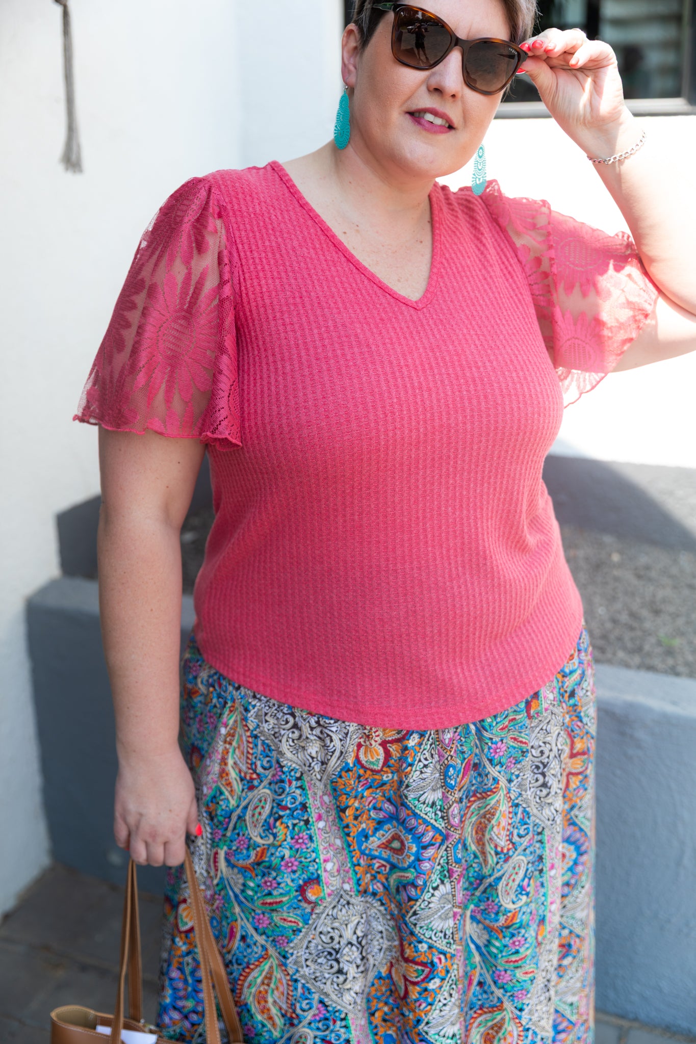 Curve Waffle Knit Ruffle Sleeve Top – Pink