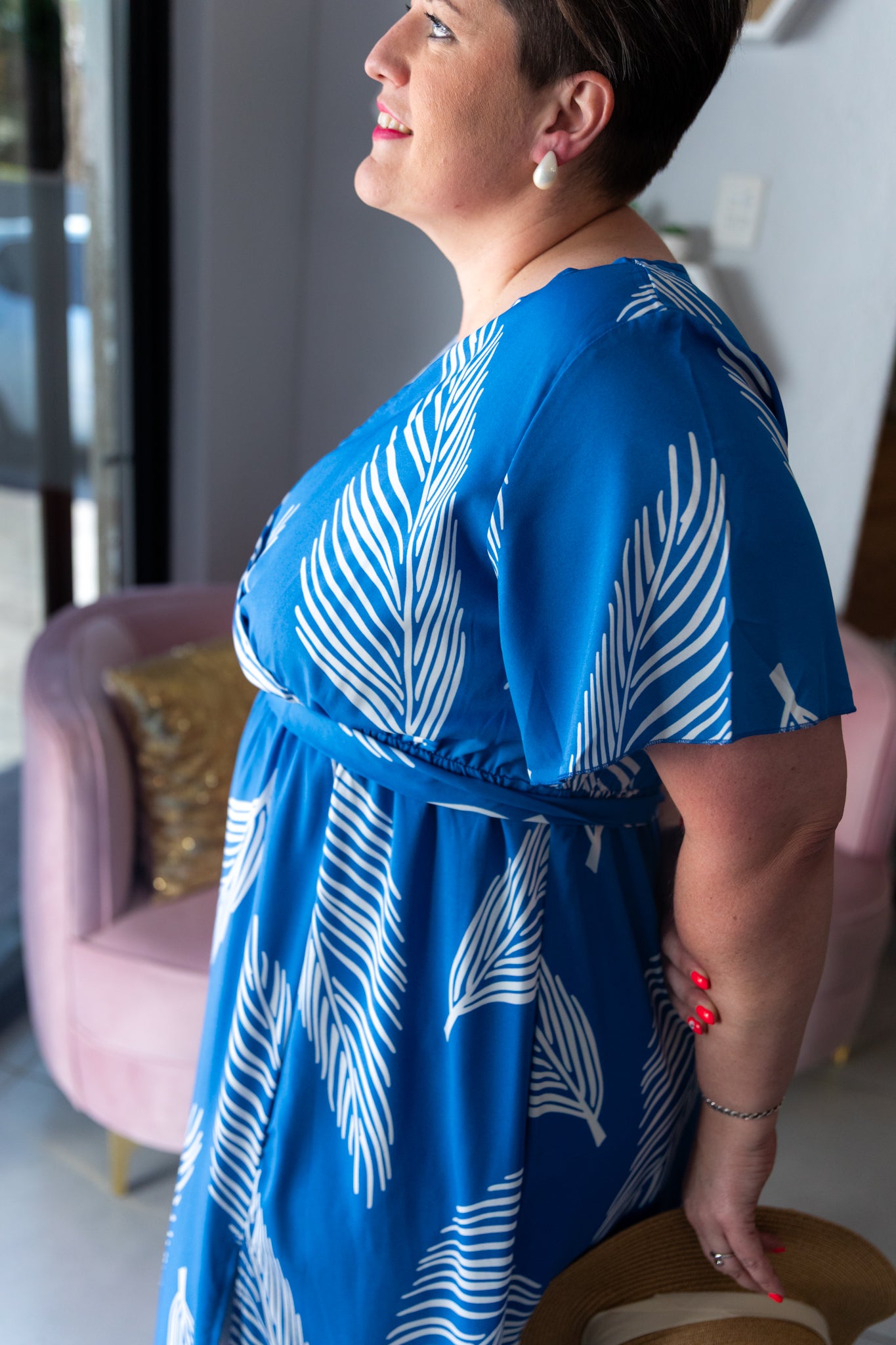 SHEIN LUNE Plus Leaf Print Butterfly Sleeve Split Thigh Belted Dress Maxi Women Dress