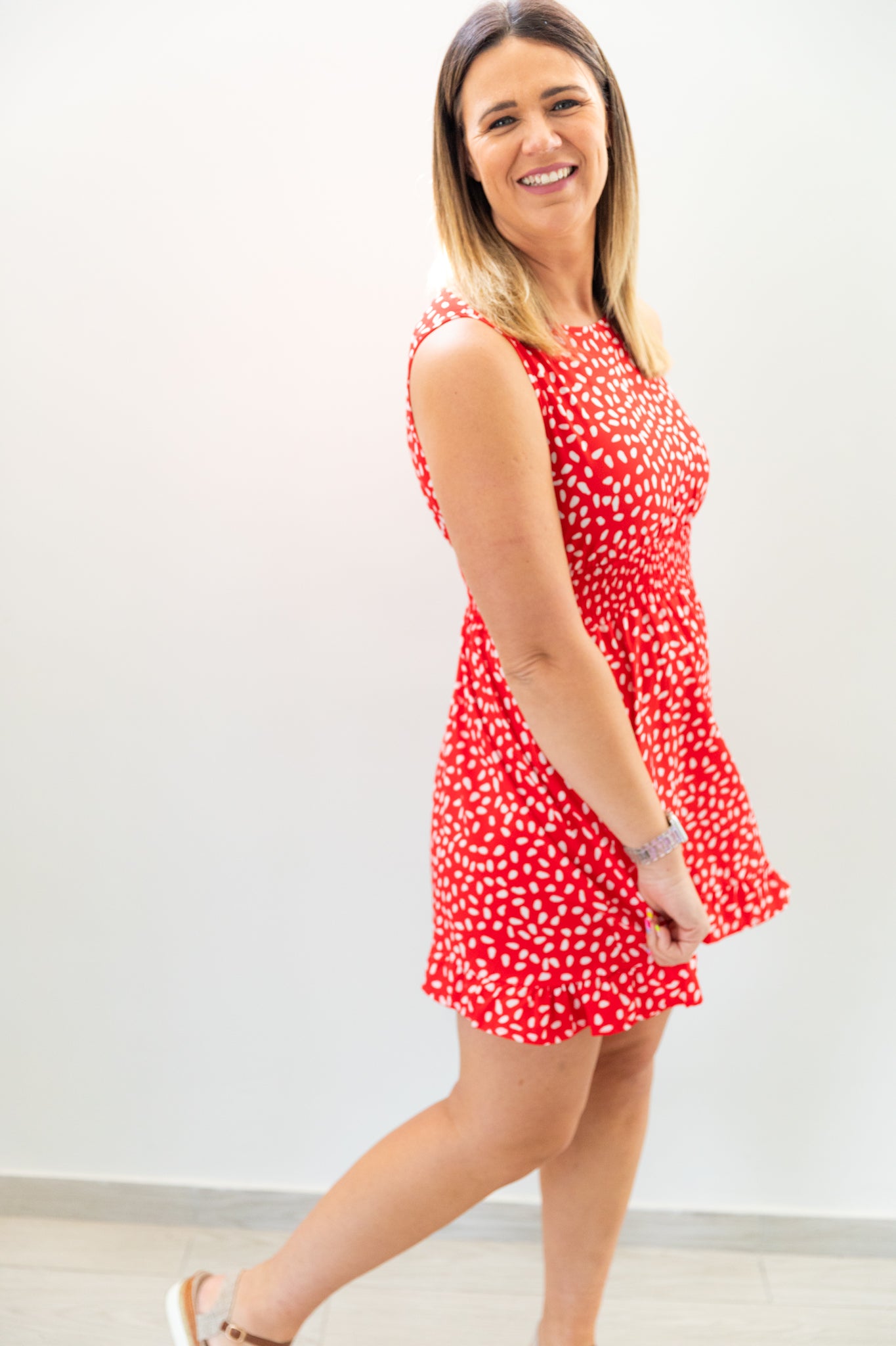 Red Smocked Waist Sleeveless Mini Dress