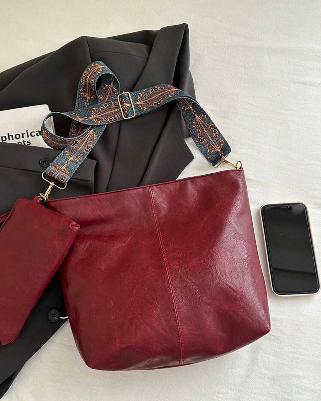 Burgundy Boho Strap Slouch Tote Bag Set