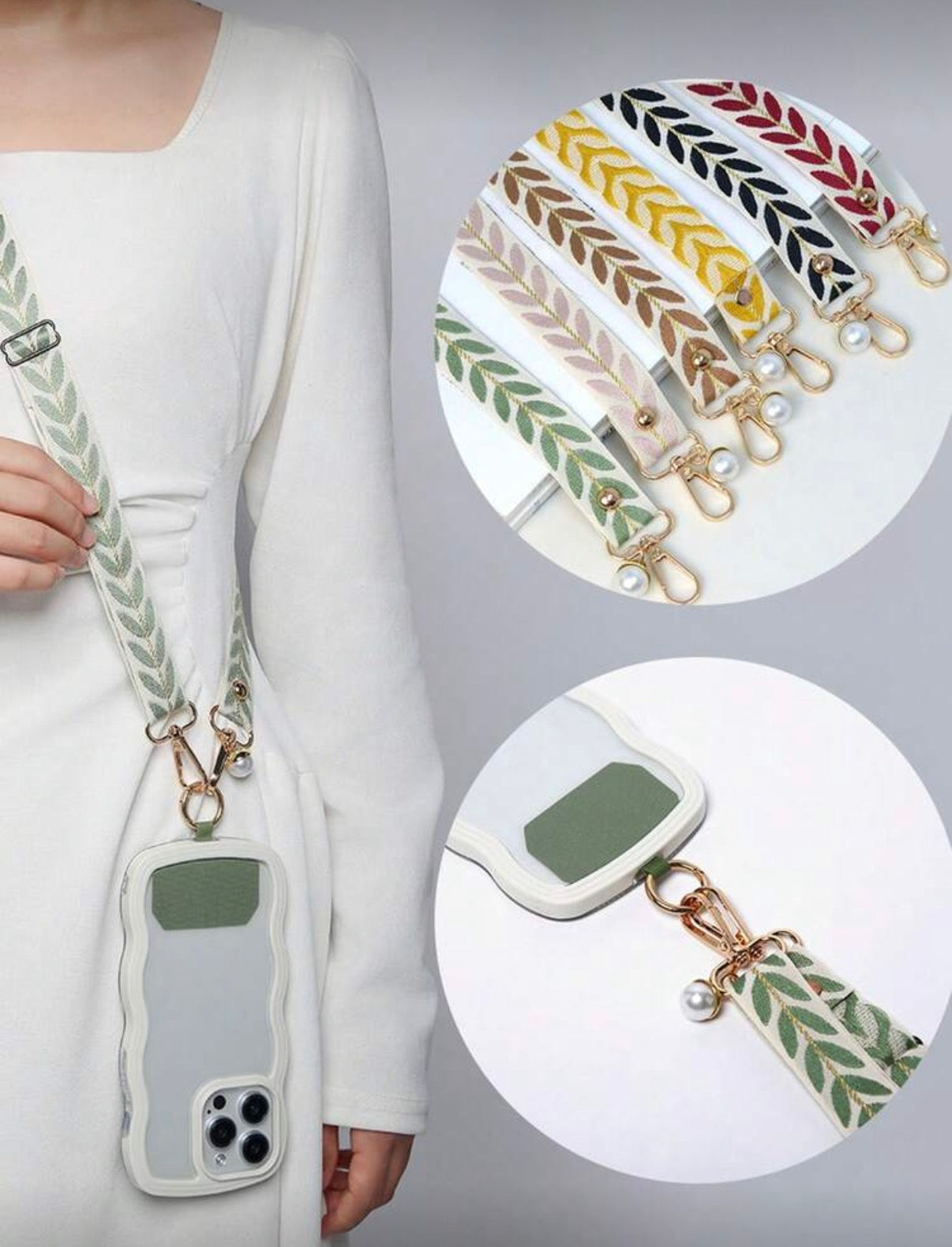 Adjustable Long Crossbody Phone Lanyard Strap With Wide Fabric Faux Pearl Pendant