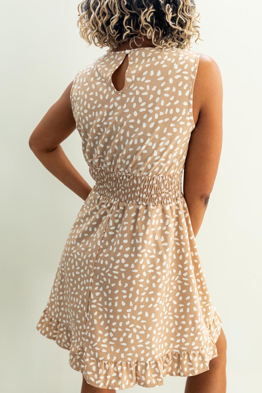 Beige Smocked Waist Sleeveless Mini Dress