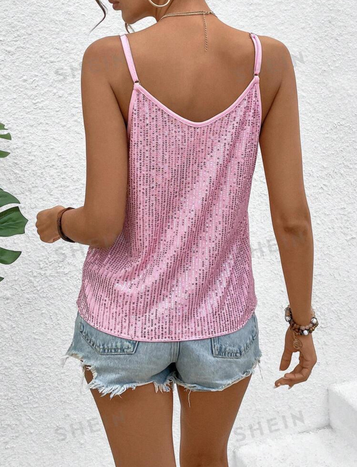 Pink SHEIN Essnce Women's Glittery Spaghetti Strap Tank Top(L4)