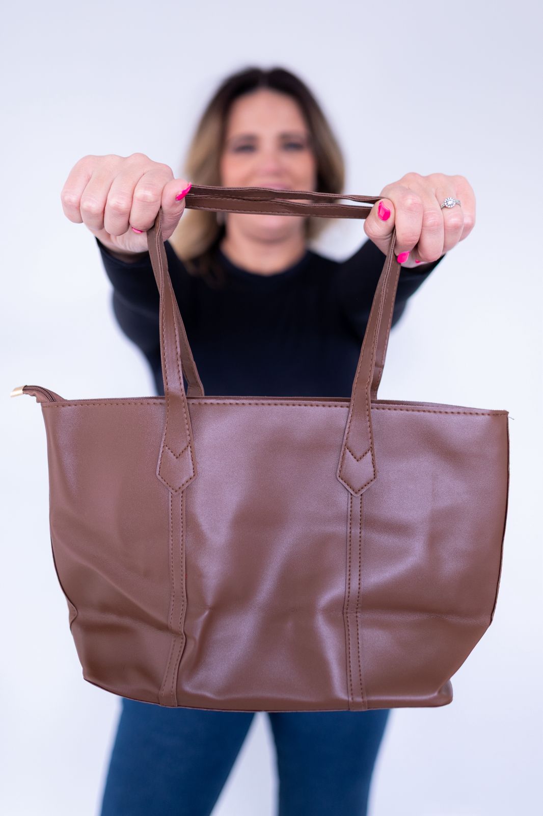 Brown Structured PU Leather Office Tote