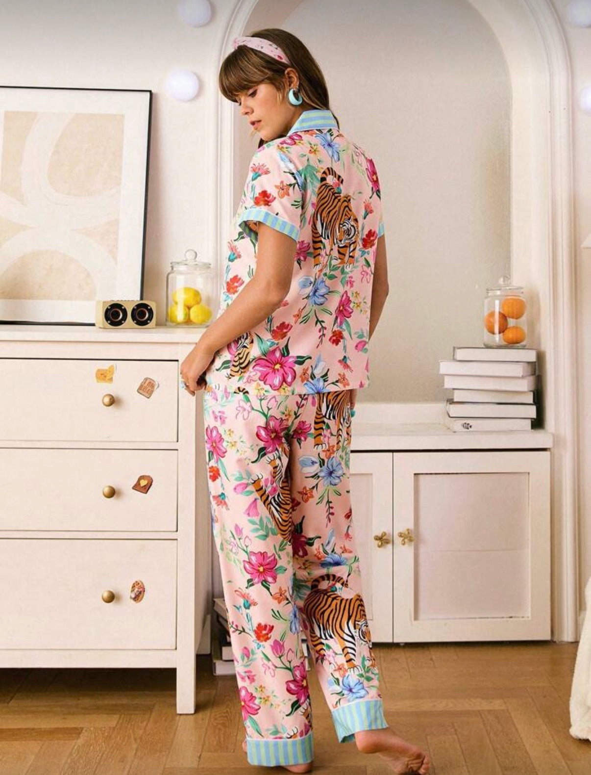 Tiger and Floral Pajama Set with Long Pants