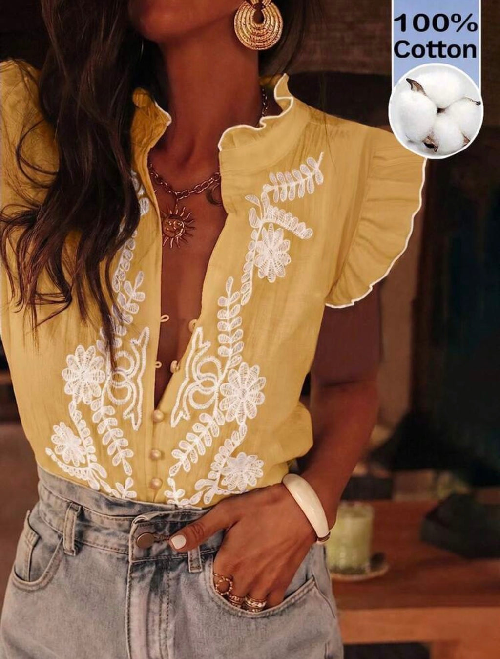 Sunshine Yellow 100% Cotton Floral Embroidered Ruffle Sleeve Blouse