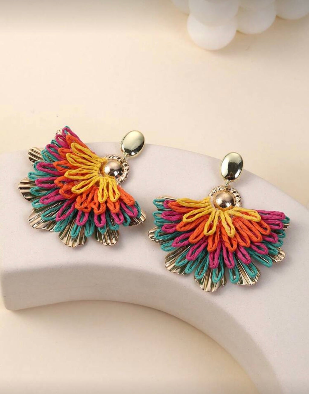 Multi-Colour Fan Statement Earrings – Gold