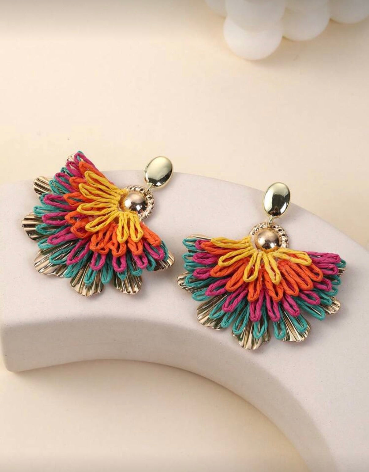 Multi-Colour Fan Statement Earrings – Gold