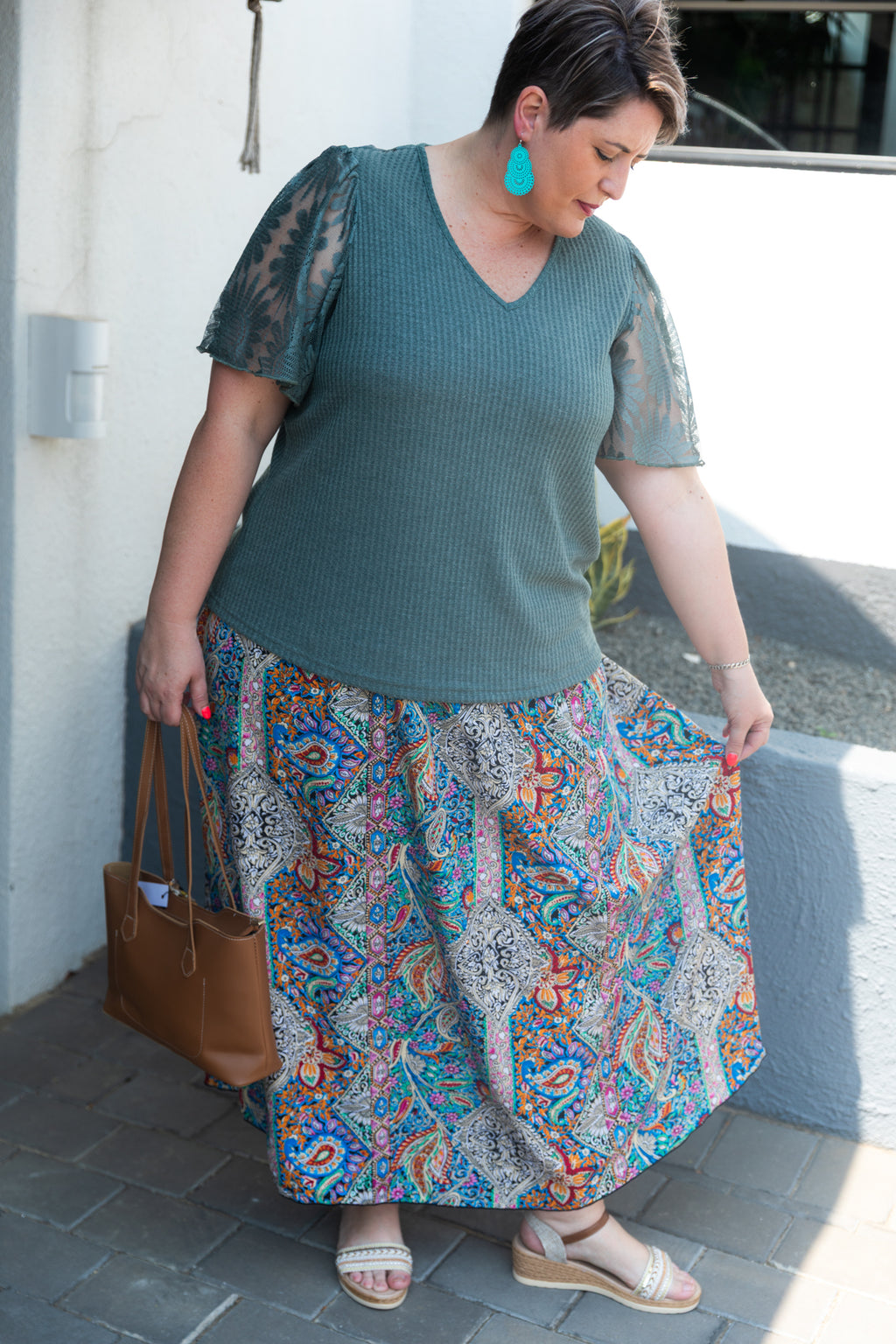 Curve Waffle Knit Ruffle Sleeve Top – Dark Green